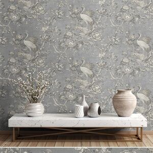 Lark Manor Gray and Cream Crane Wallpaper